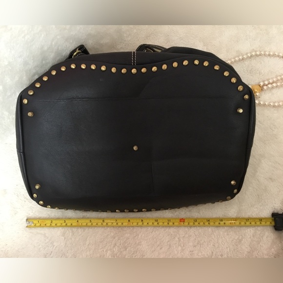 Francesco Biasia Genuine Black Leather Oversized Handbag Push Lock Canvas Strap - Picture 10 of 17